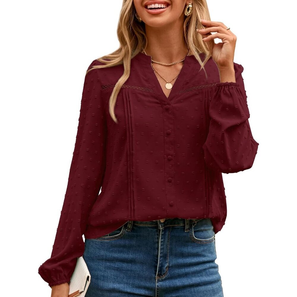 Womens Long Sleeve Polyester Blouse V-Neck Swiss Dot Casual Business Wear - Picture 1 of 6